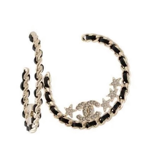 Brand New Chanel Gold Strass & Leather CC Hoop Earrings Collection Pieces - Picture 1 of 5
